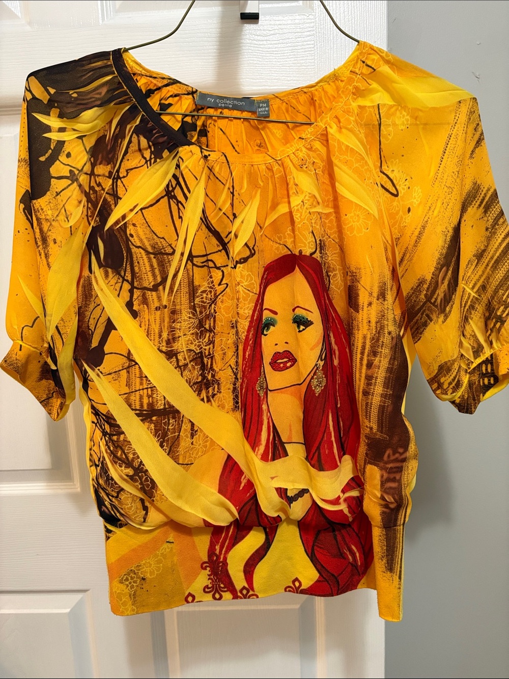 NY Collection Yellow Graphic Blouse with Red Portrait